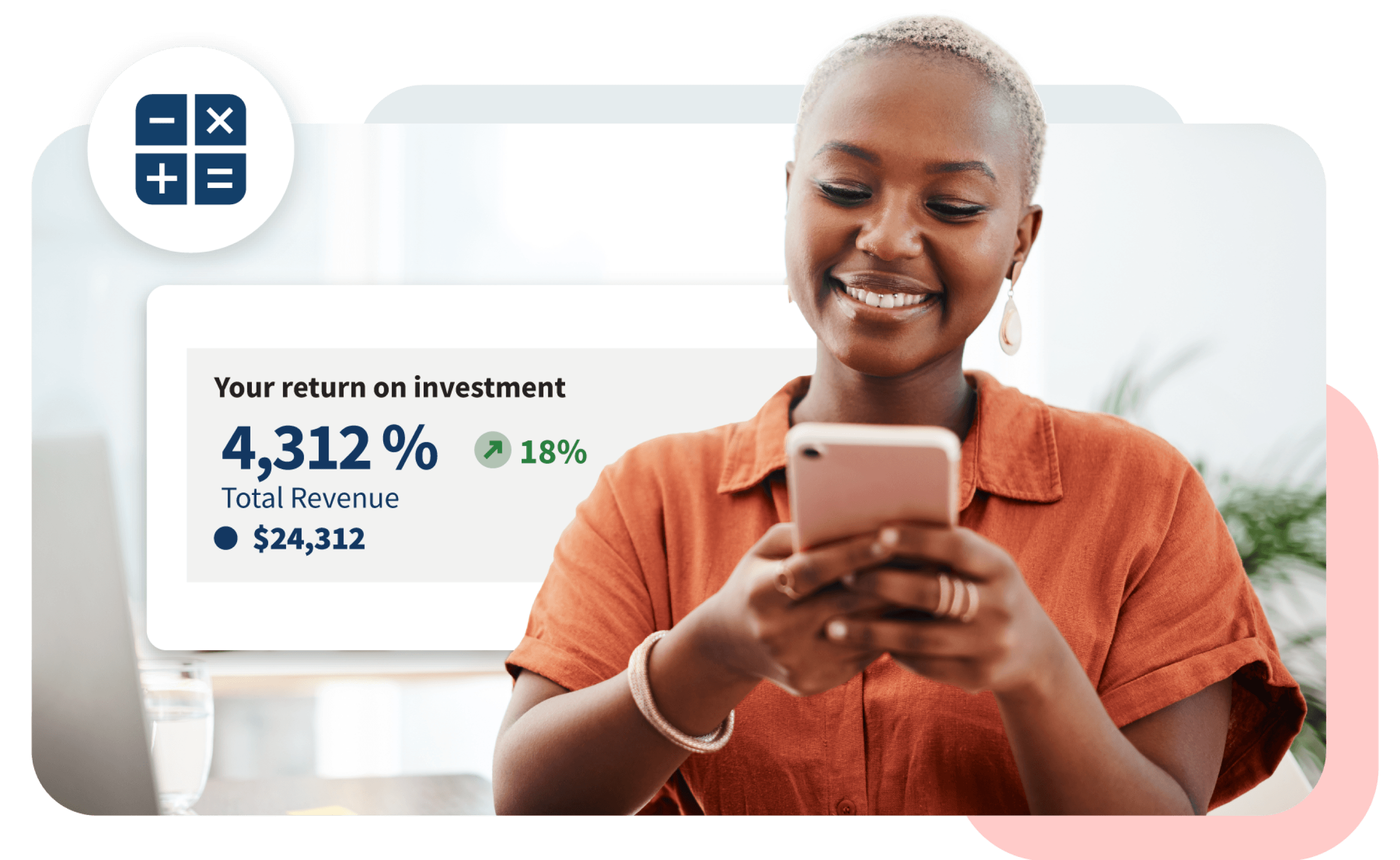 Person in orange shirt smiling while checking investment returns of 4,312% and $24,312 total revenue on mobile device